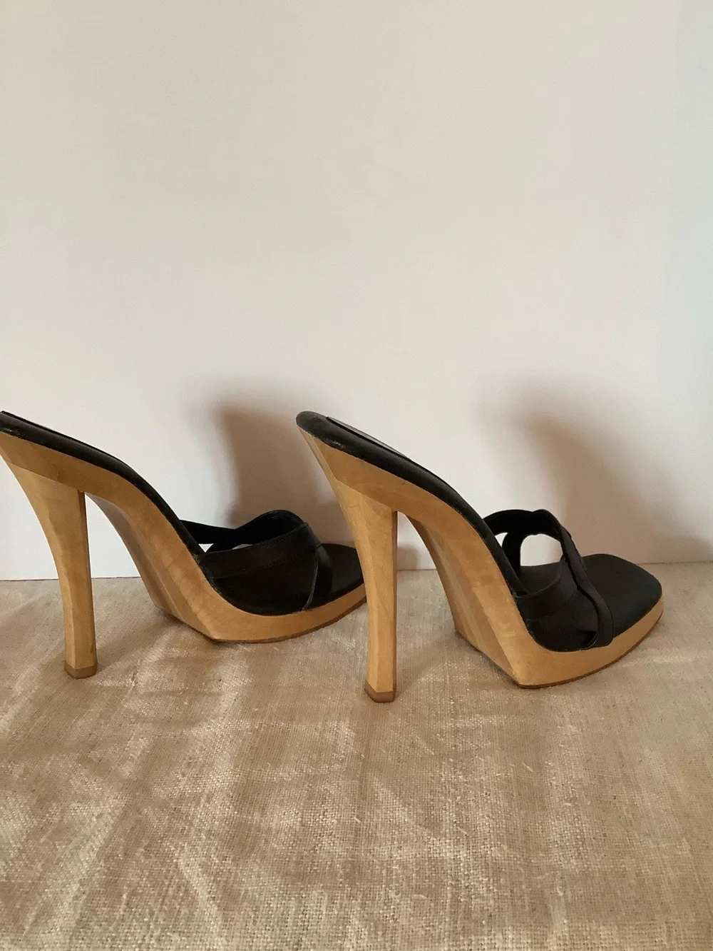 Rare Y2K USA Made Wood Leather Platform Heel Avant-Garde David & Saul. Sz 7